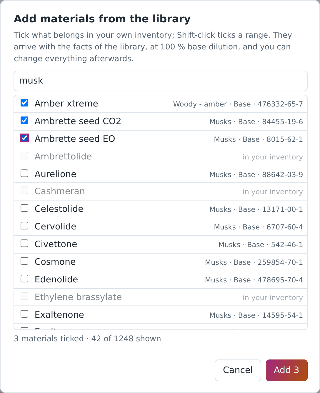 Browse the library: tick what belongs in your own inventory. What you already have is greyed out.