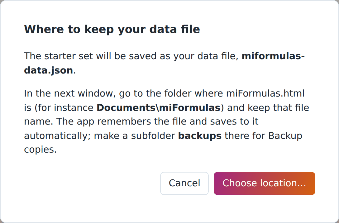 Start with the starter set creates the data file next to the app.