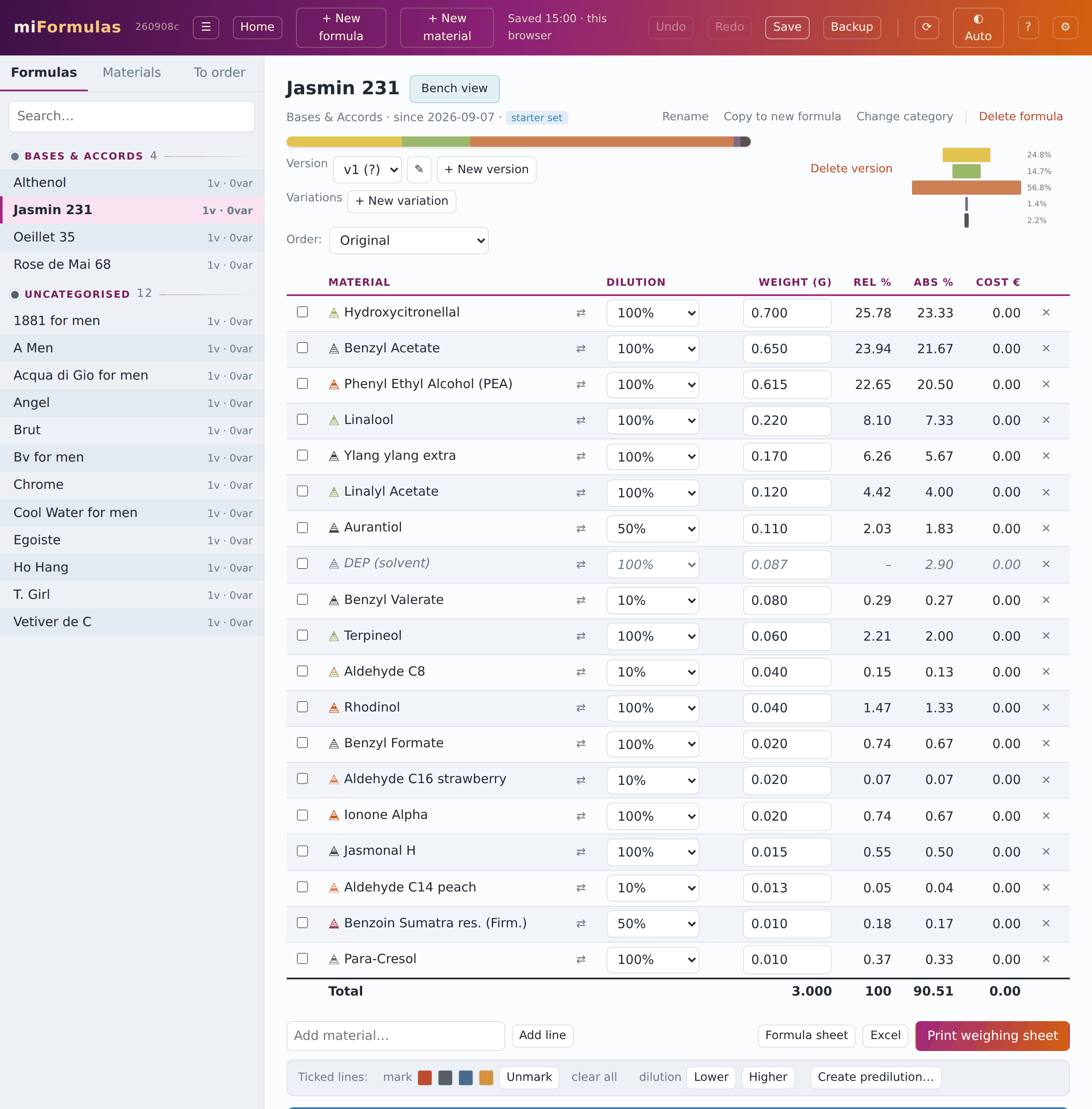 The list panel on the left and a formula page on the right.