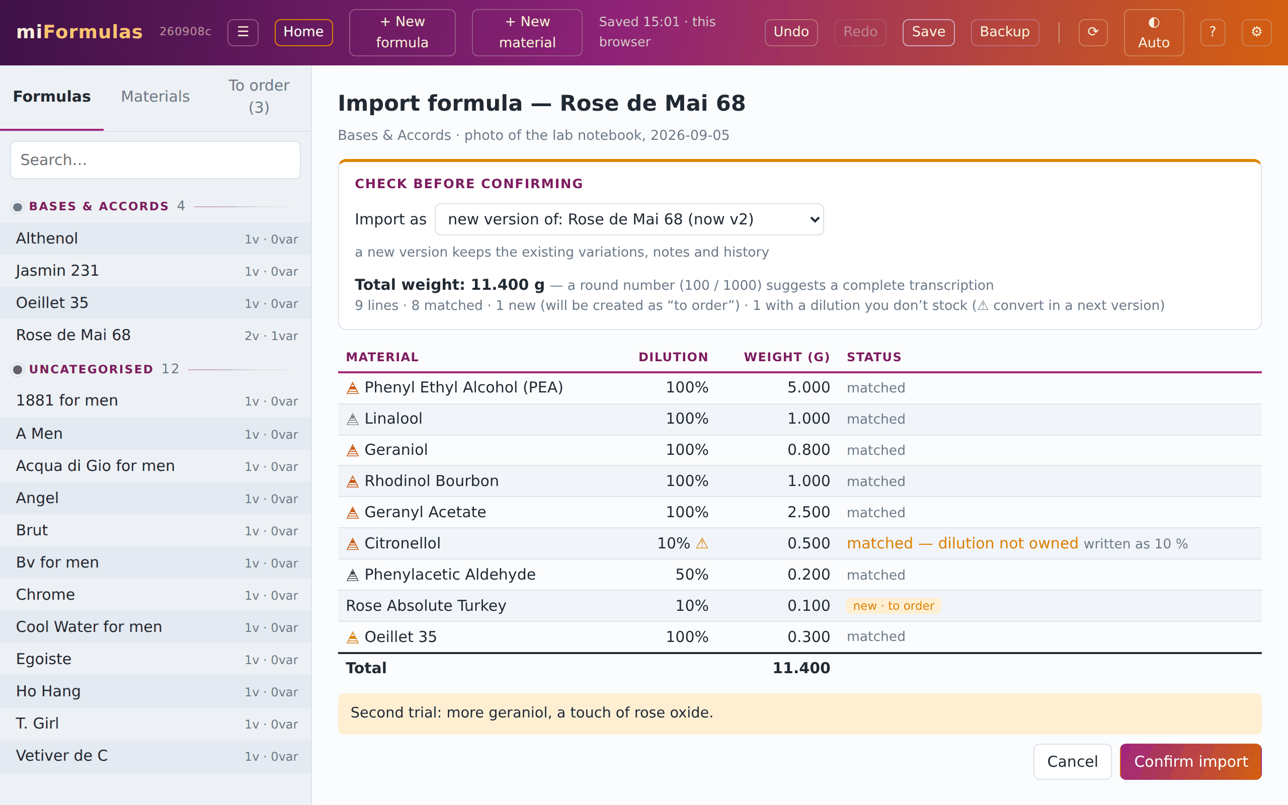 The import page: every line with its match, the total weight, new materials and dilutions you do not stock.