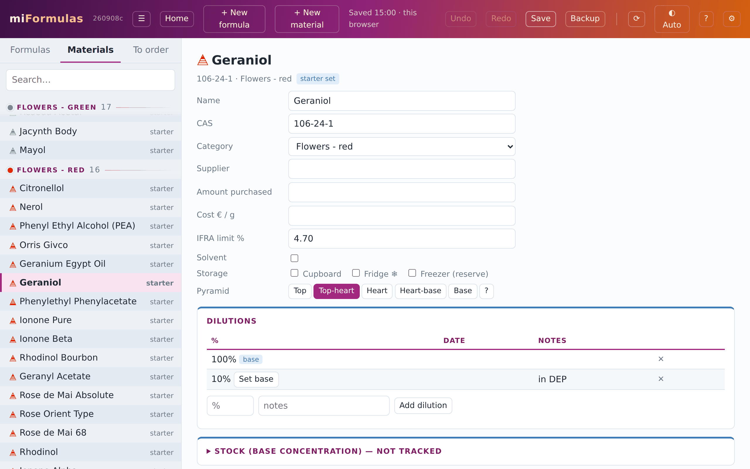 A material page: fields, dilutions and the stock ledger.