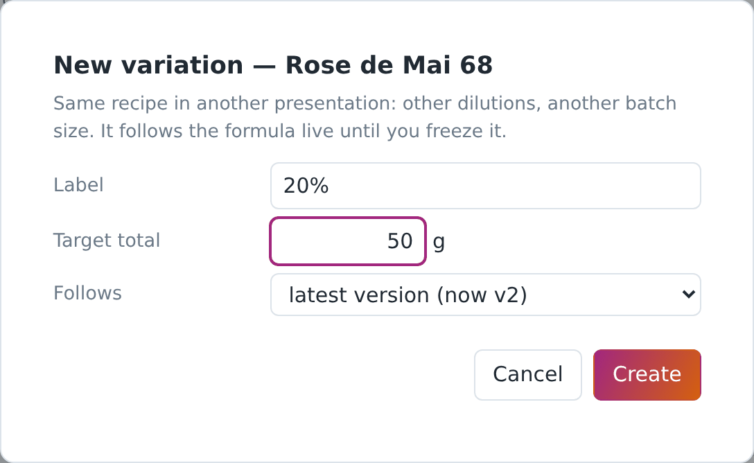 New variation: a label, an optional target total, and which version it follows.