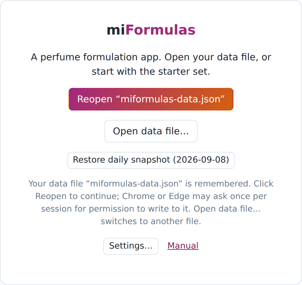 Next time, the start screen offers Reopen for the remembered data file.