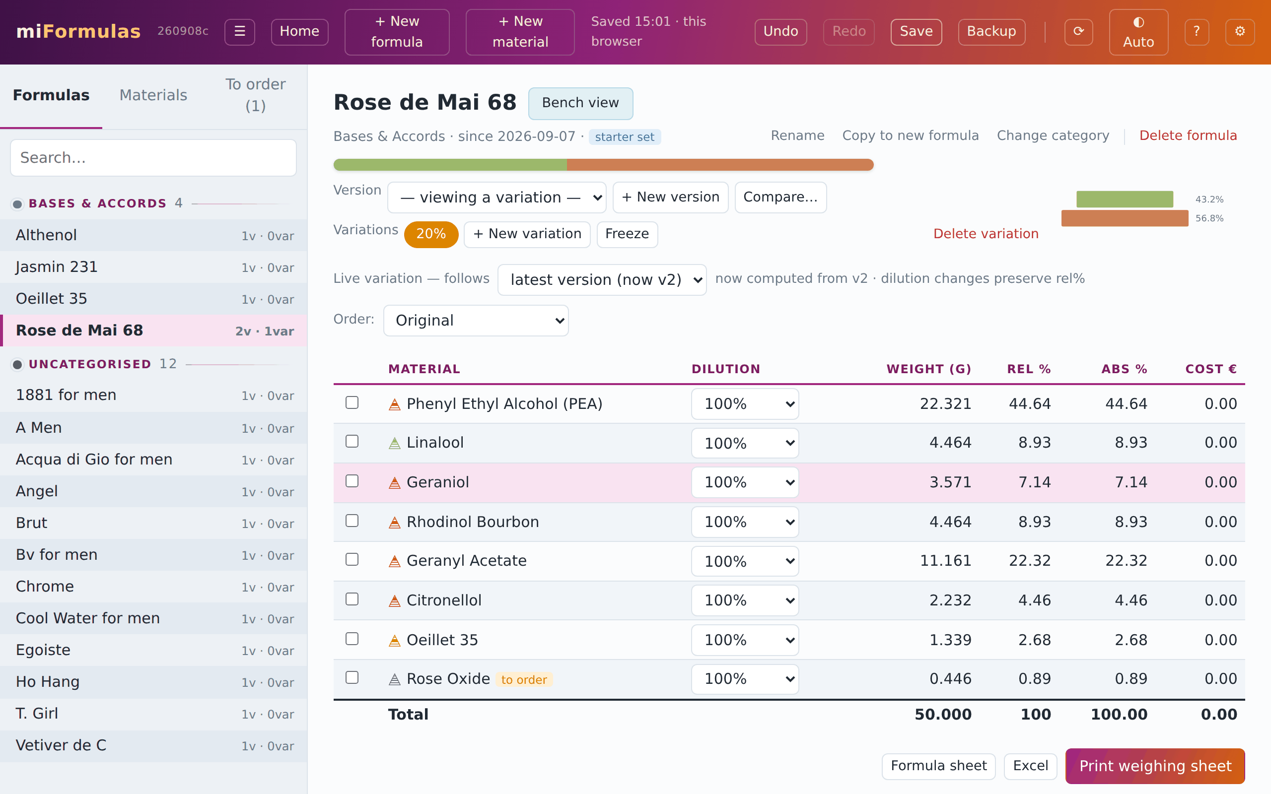 A live variation "20%" made up as 50 g, following the latest version.