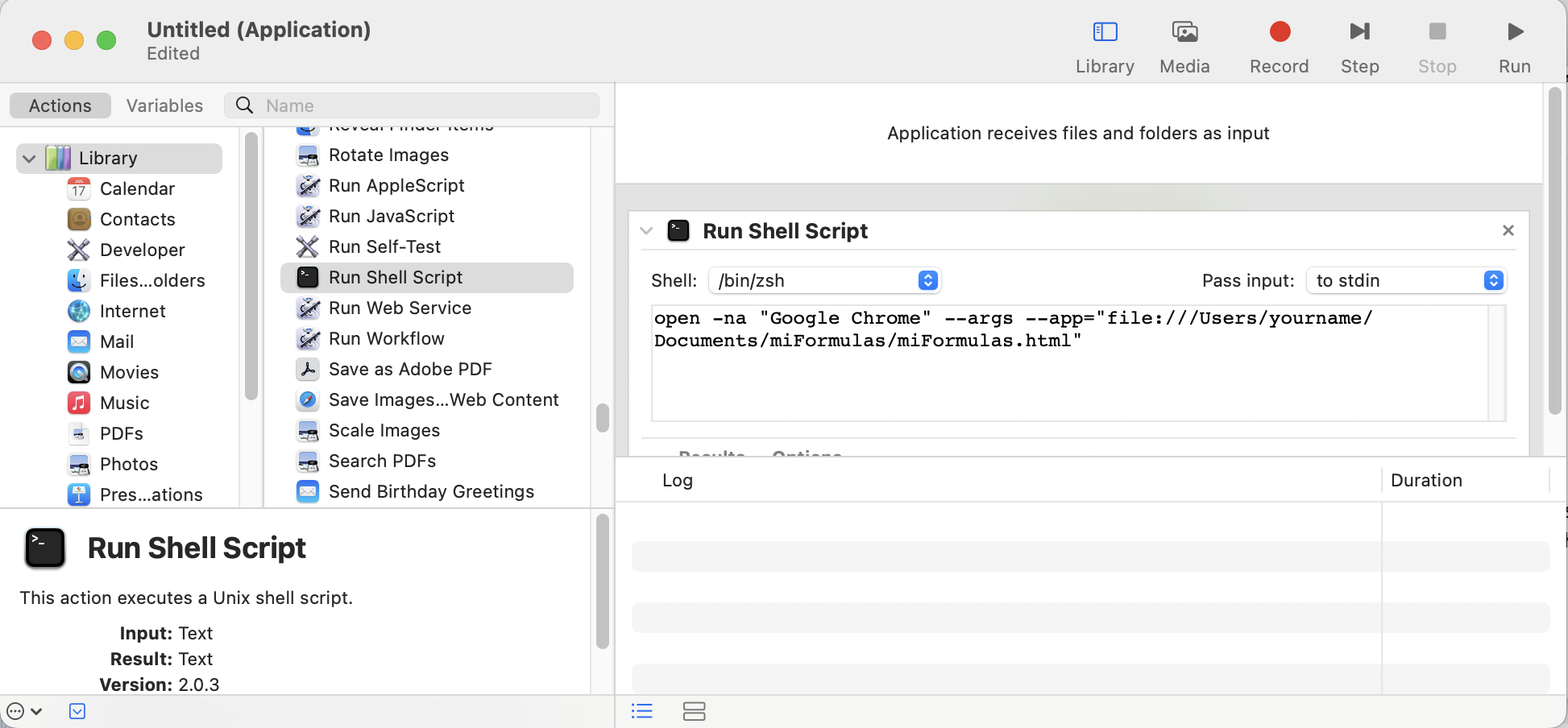 The launcher: the action Run Shell Script with the open line.