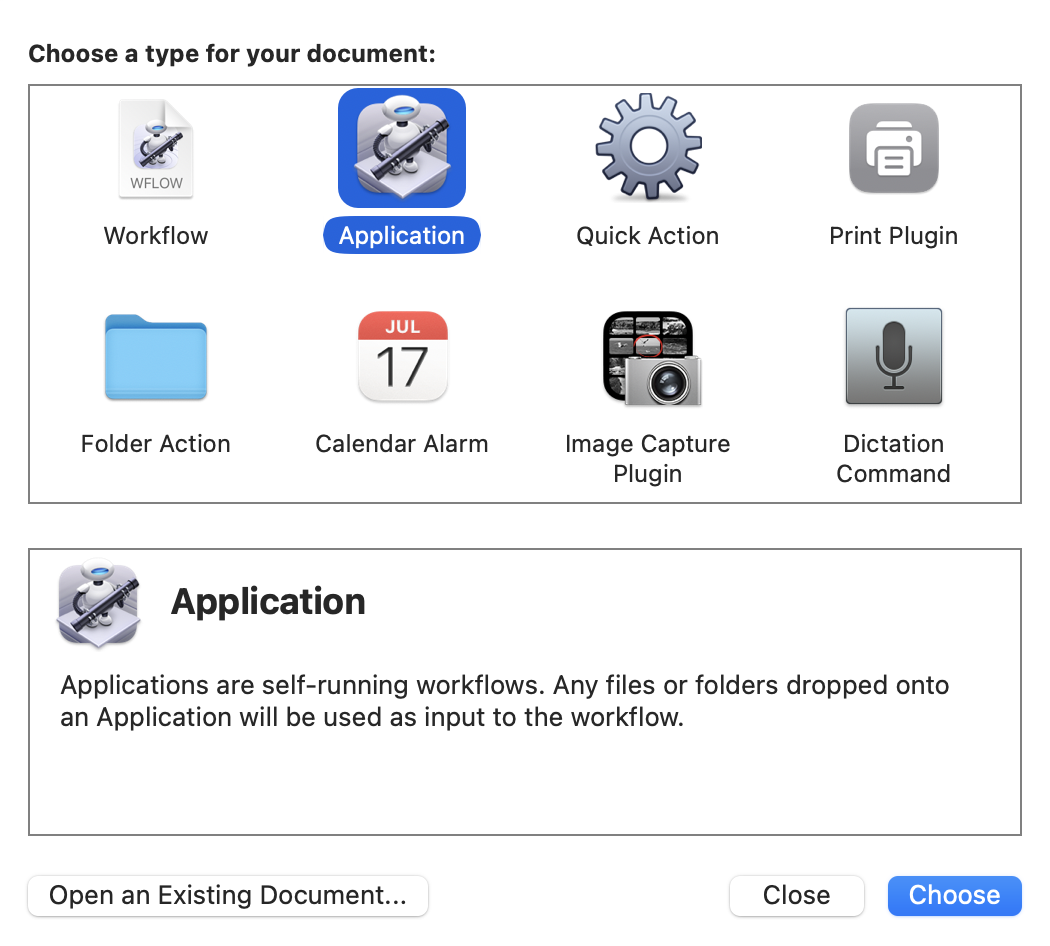 Automator: a new document of the type Application.