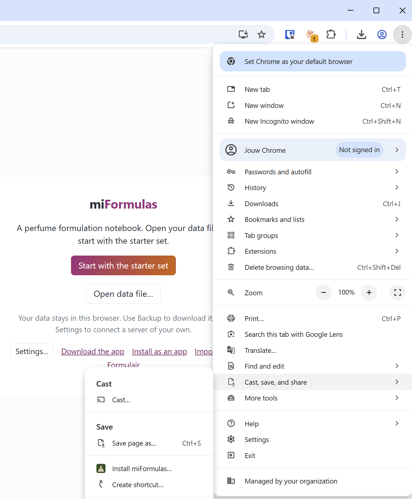 Chrome: ⋮, Cast, save and share, Install miFormulas…