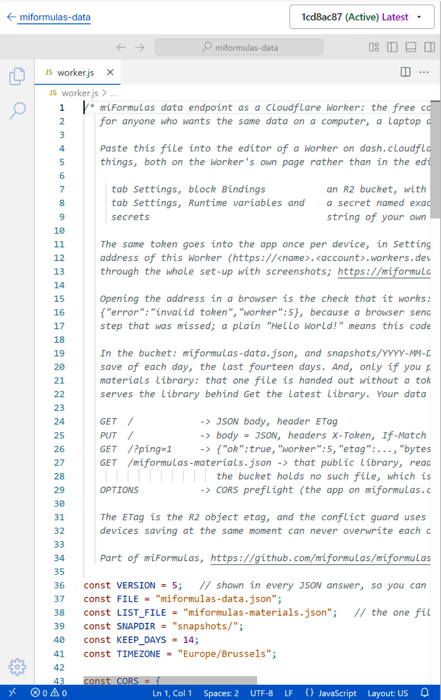 The Worker's code editor with worker.js pasted over the example.