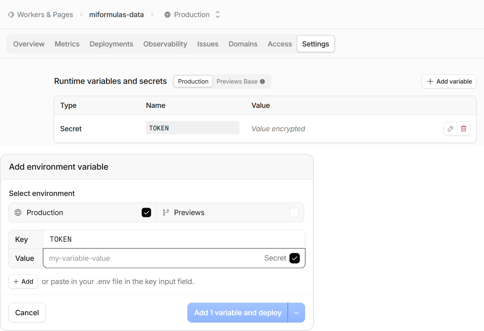 The token as a secret: Runtime variables and secrets, then Add variable with Secret ticked.