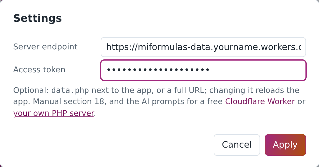 Settings in miFormulas: the address as Server endpoint, your token as Access token.