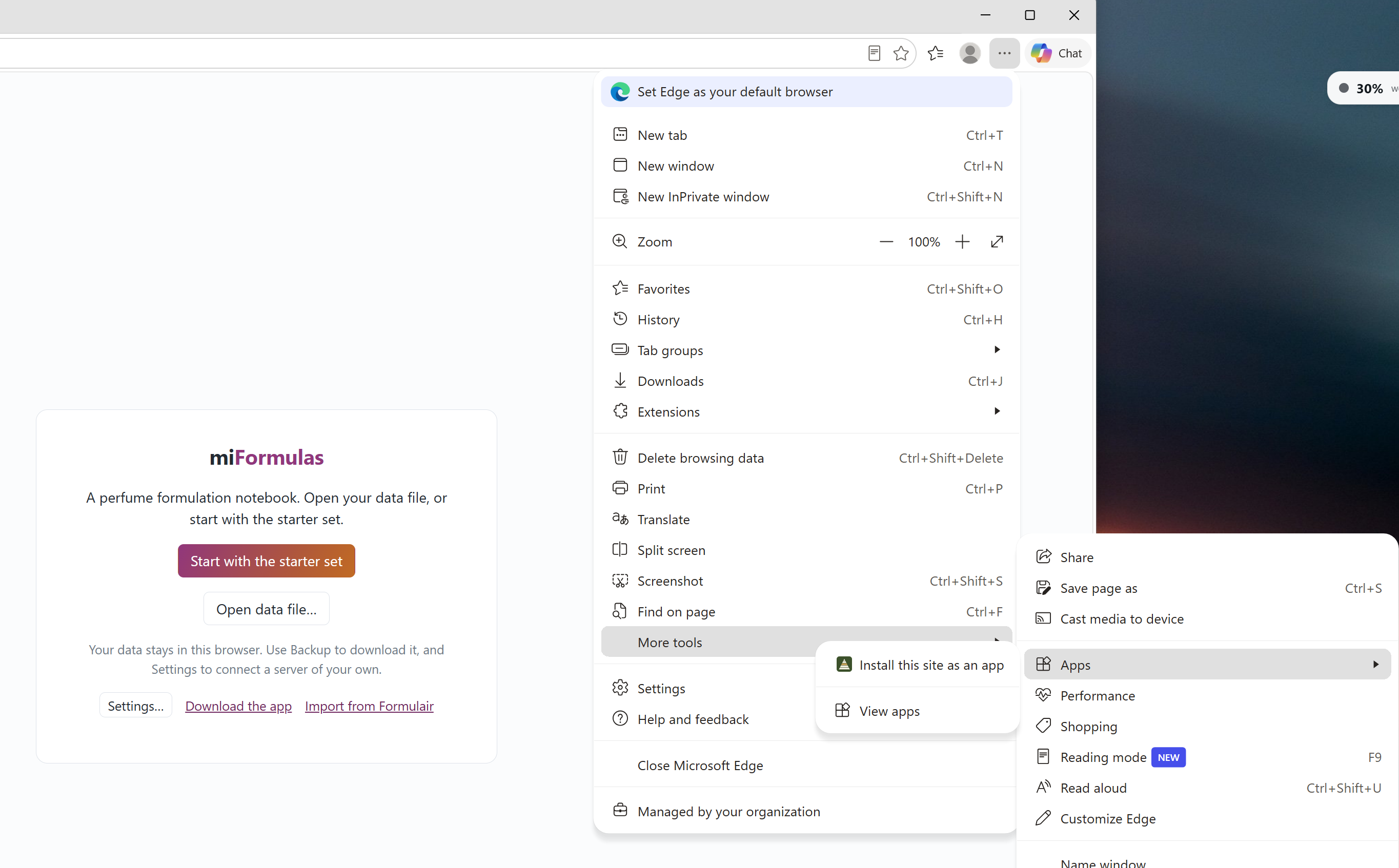 Edge: ⋯, Apps, Install this site as an app.