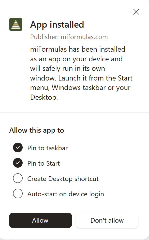 After installing, Edge offers to pin the app to the taskbar and the Start menu.
