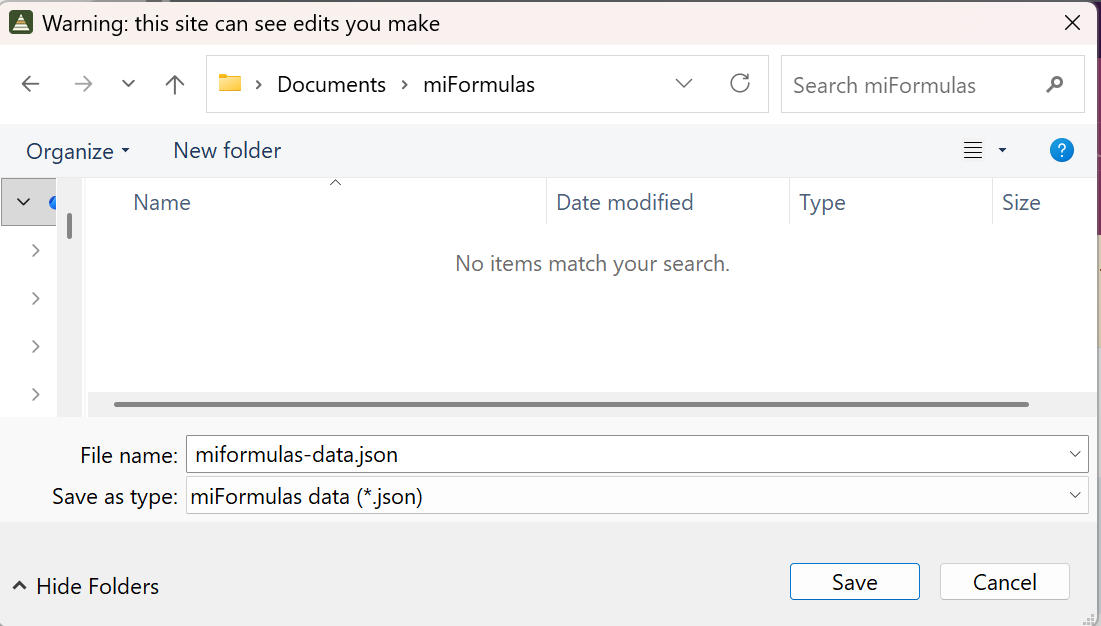 …and the browser asks where to keep miformulas-data.json.