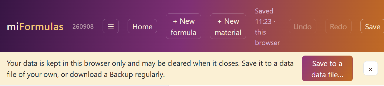 Browser storage: the amber bar reminds you, and Save to a data file… moves your work into a file (Chrome and Edge).