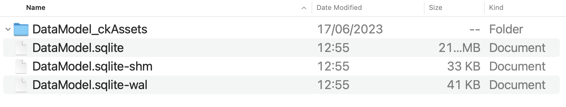 The Formulair folder: DataModel.sqlite with its -wal and -shm files. After File, Close the database carries today's date and the -wal file is small.