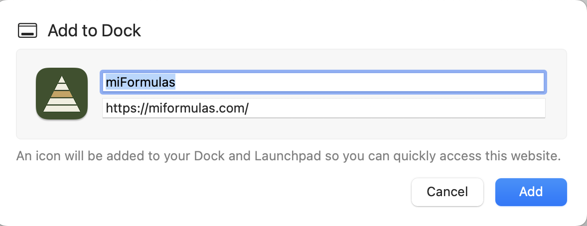 The Add to Dock dialog: keep the name miFormulas and click Add.