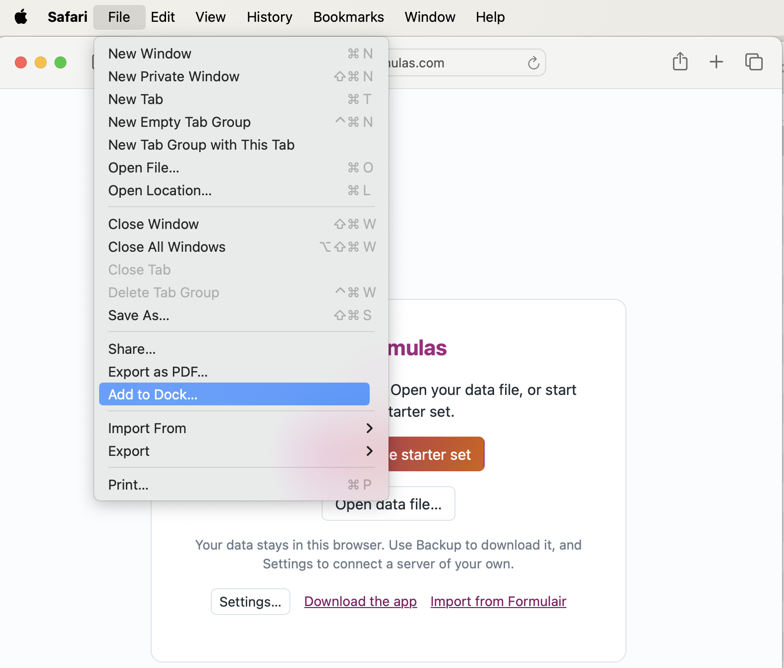 Safari: File, Add to Dock.