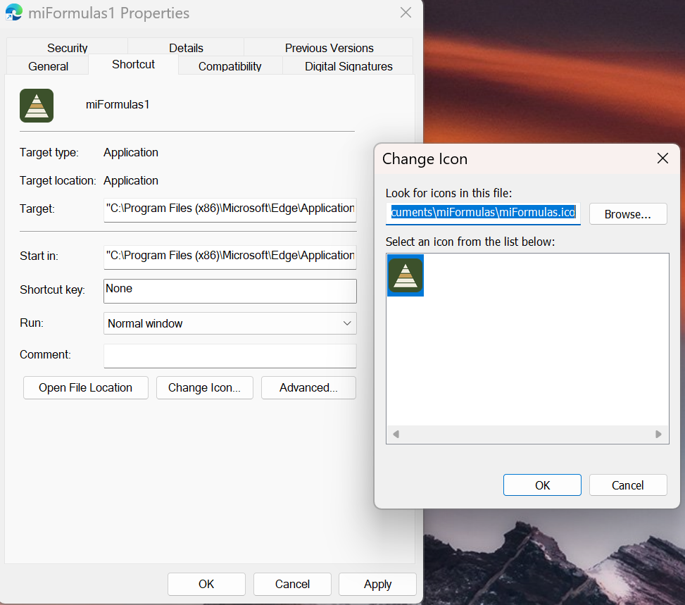 Change Icon… with miformulas.ico from the icons folder.