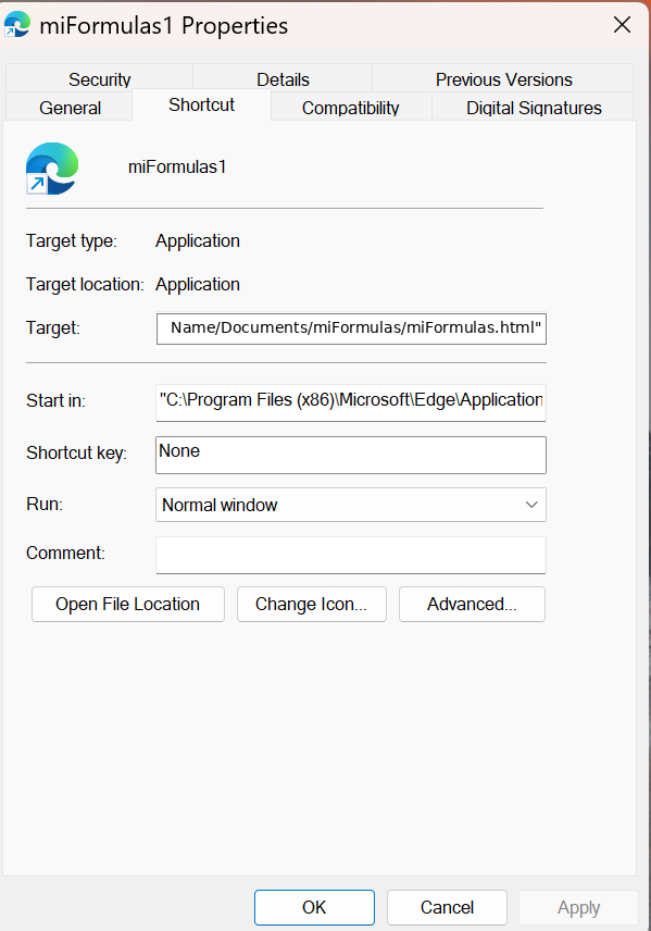 The shortcut's Target: the browser in app mode with your local copy of the app.
